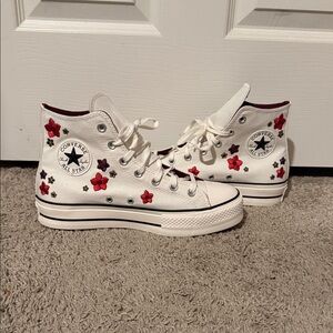 Converse White High-Tops with Red Floral Accents